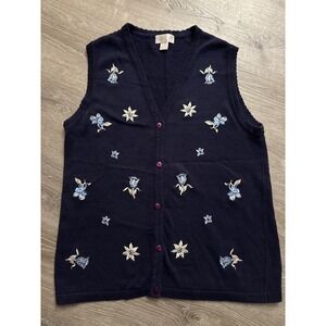 Vintage Maggie Barnes Womens Embroidered Navy Sweater Vest Size 1X Wear‎ 90s